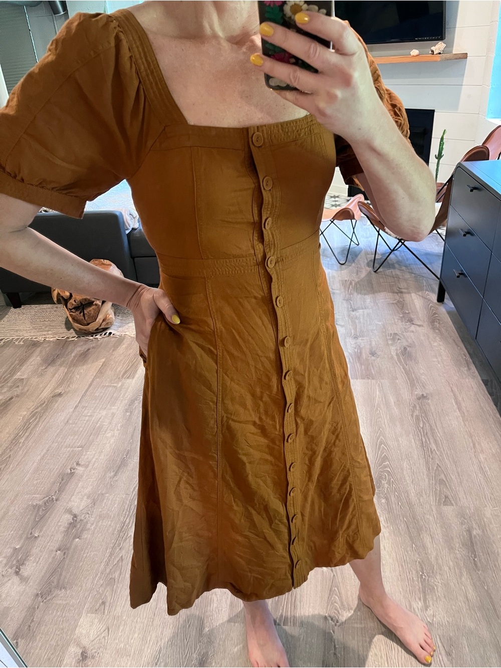 Madewell Button-Front Square Neck Midi Dress in Rust